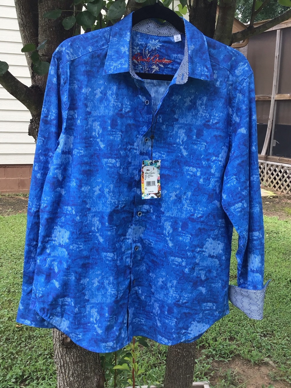Robert Graham Lewisville Men's Blue & White Abstract Flip Cuff 98% Cotton Shirt